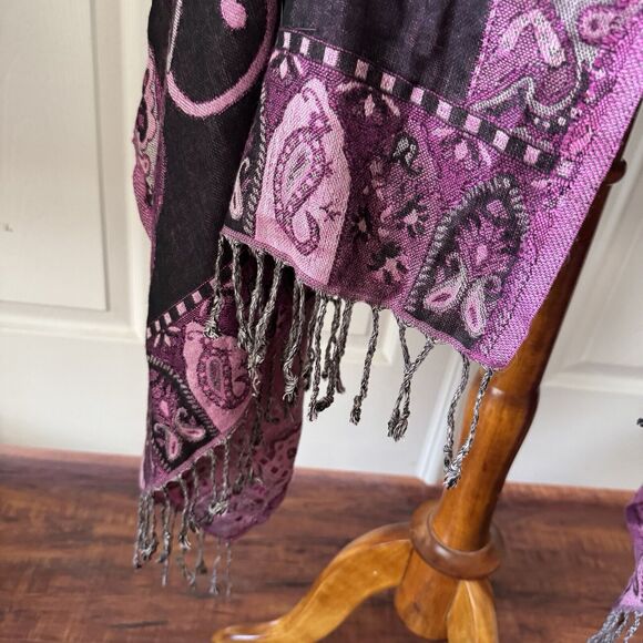 Shawl Wrap Scarf Womens Paisley Floral Pink Boho Fringe Romantic Feminine - Picture 3 of 11